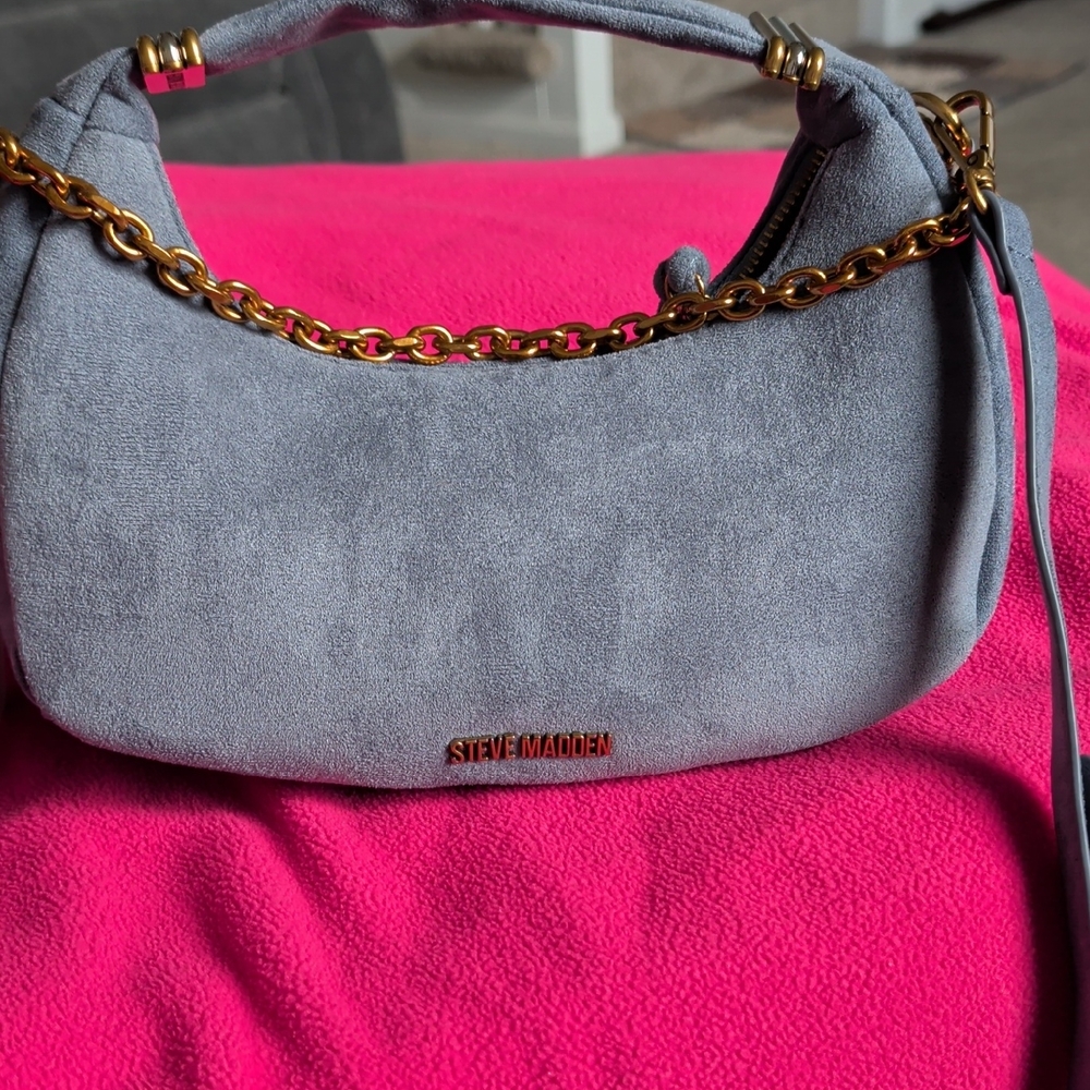 Steve Madden Gray Suede Shoulder Bag with Gold Chain